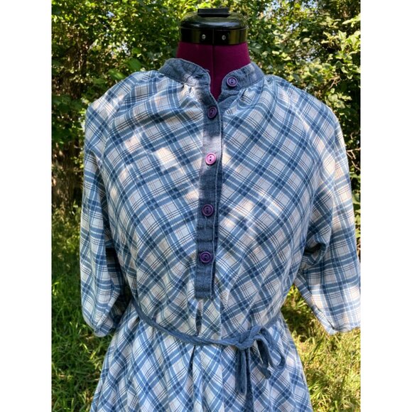 Vintage 1970s Chambray Blue Plaid Dress Rosani Size 8 - Picture 9 of 16